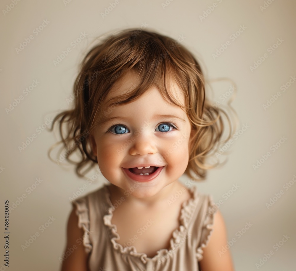 A young girl with blue eyes and blonde hair is smiling and has her mouth open A young girl with blue eyes and blonde hair is smiling and has her mouth open