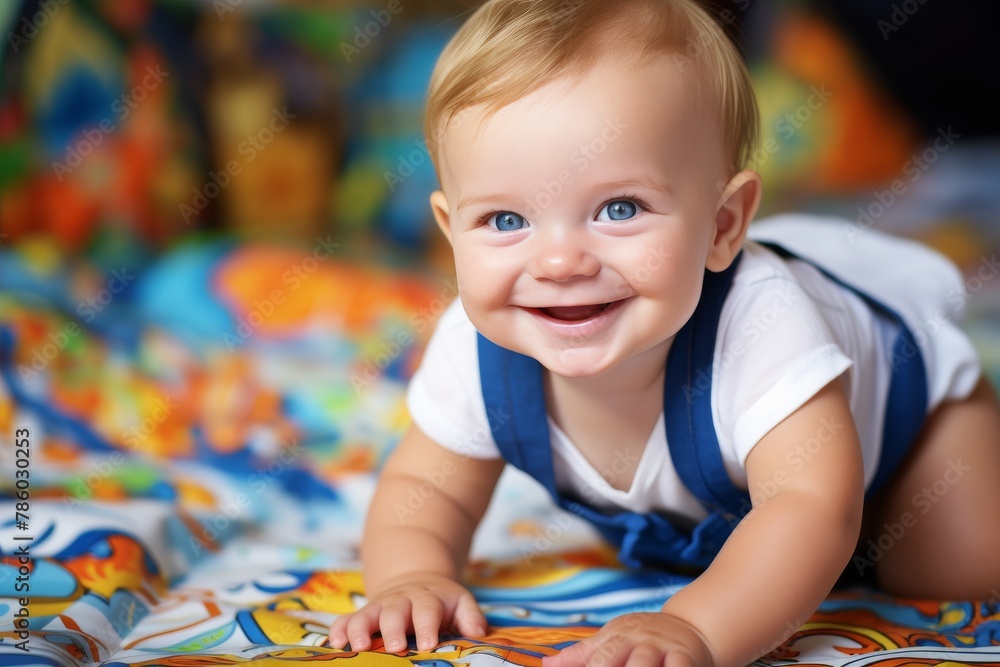 A baby is smiling and laying on a bed A baby is smiling and laying on a bed