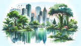 Urban Oasis Watercolor: Earthy Interpretations of Urban Green Spaces Celebrating Nature-City Fusion in Watercolor Hand Drawings for Earth Day, Wallpaper, and Greeting Cards