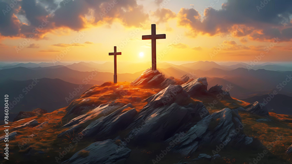 Crosses up on a hill at sunset. Generative ai design concept art. Crosses up on a hill at sunset. Generative ai design concept art.