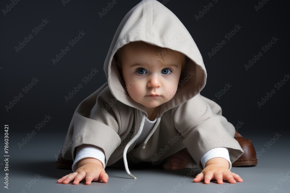 A baby is laying on the ground with a white hoodie on A baby is laying on the ground with a white hoodie on