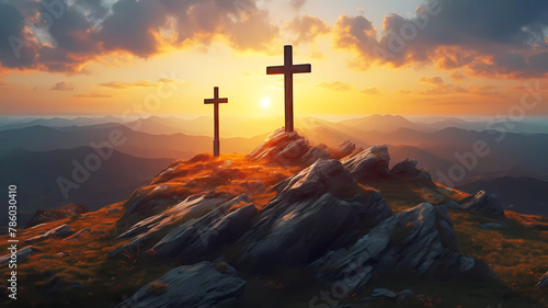 Crosses up on a hill at sunset. Generative ai design concept art.