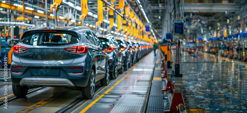 A row of cars are being manufactured in a factory