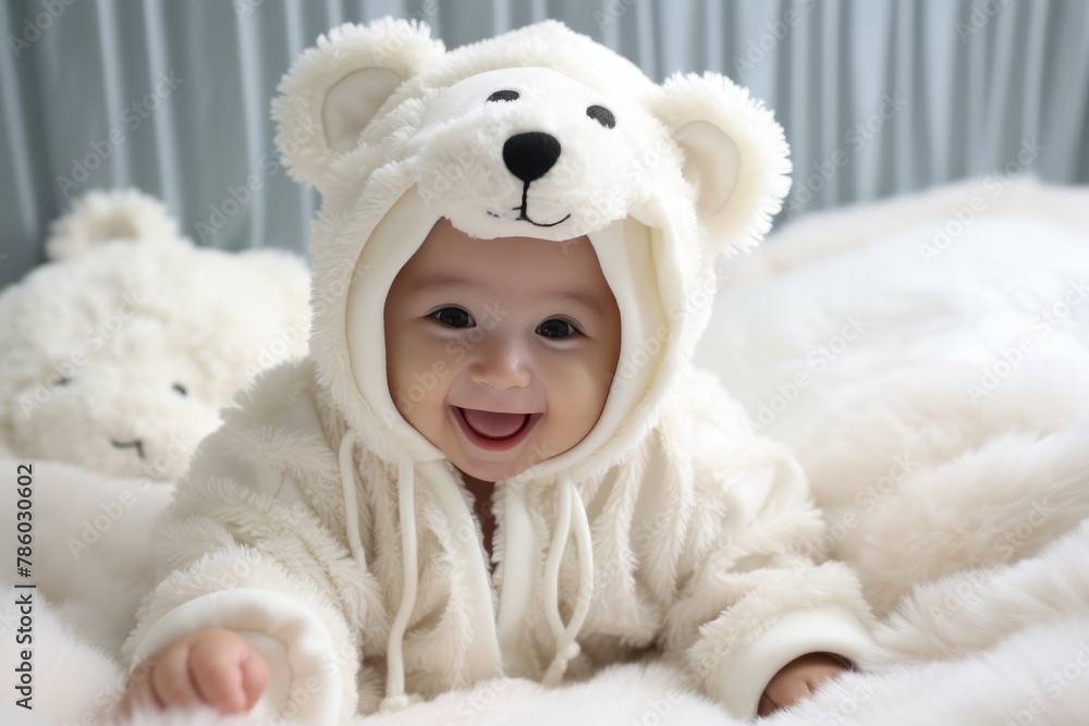 Obraz premium A baby wearing a bear costume is smiling and looking at the camera