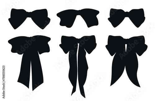 Set of simple decorative holiday ribbon bows for gifts, to decorate hair on white background. Bow silhouette for gift wrapping for birthday, Christmas, New Year. Isolated Flat Vector EPS10