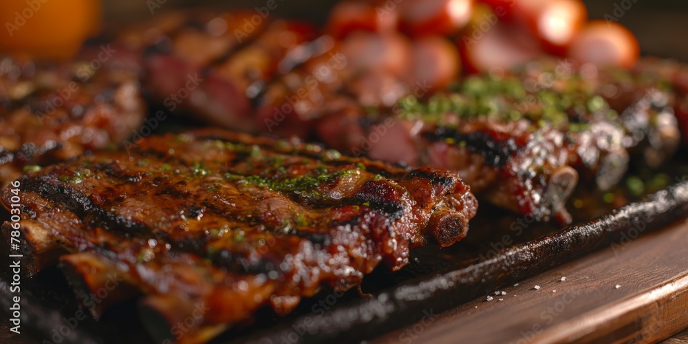 Close-up photo showcasing grilled BBQ ribs with a shiny glaze and fresh herbs sprinkled on top
