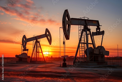Oil pumps. Oil industry equipment. Work of oil pump jack on a oil field at sunset or sunrise. photo