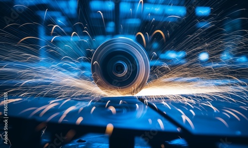 A closeup of an aluminum spool turning on the lathe, with sparks flying around it in blue and white tones. The background is dark and blurred, creating depth.