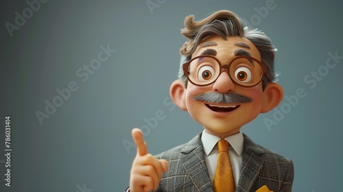 3D cartoon negotiator in a suit, dealmaking scene, sophisticated grey background