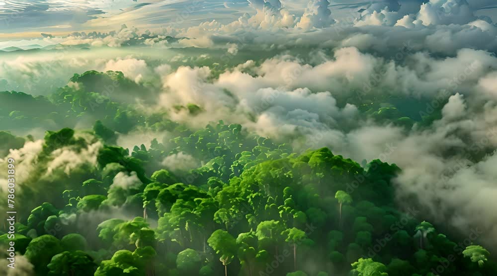High altitude balloon capturing cloud formation and weather data above a lush forest High altitude balloon capturing cloud formation and weather data above a lush forest