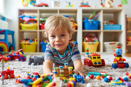 A young child is playing with a variety of toys  including a train and a car