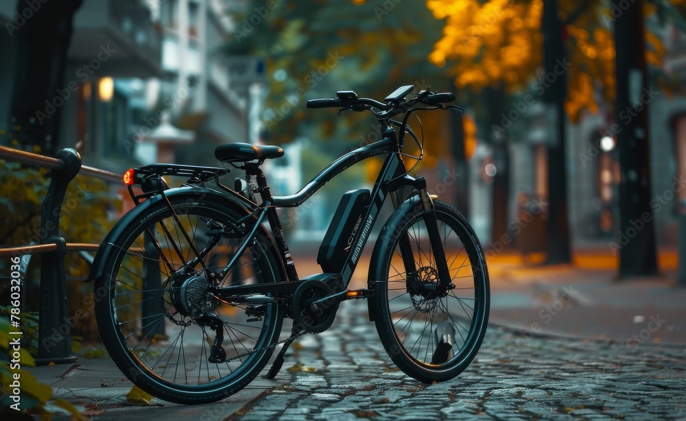 Electric bike parked in an urban environment, equipped with a digital display showing speed and battery status, representing the fusion of fitness and technology.