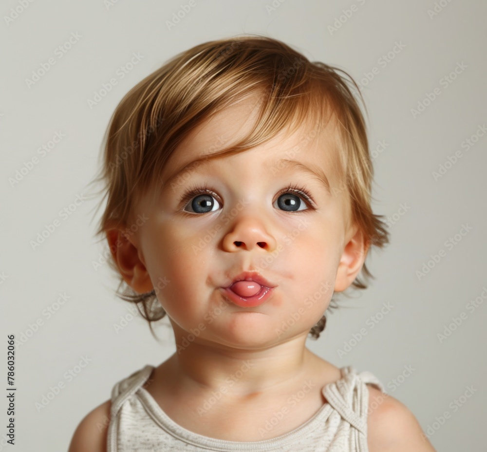 A baby with a blue nose and a pink tongue sticking out A baby with a blue nose and a pink tongue sticking out