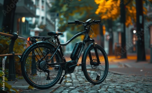 Electric bike parked in an urban environment, equipped with a digital display showing speed and battery status, representing the fusion of fitness and technology. © radekcho