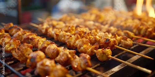 Juicy barbecue skewers sizzling over hot coals on a grill with flames in the background