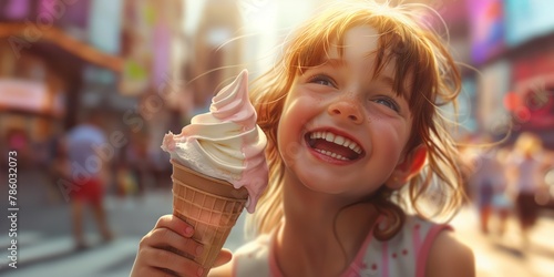 A joyful child with ice cream on a sunny day in a bustling city scene