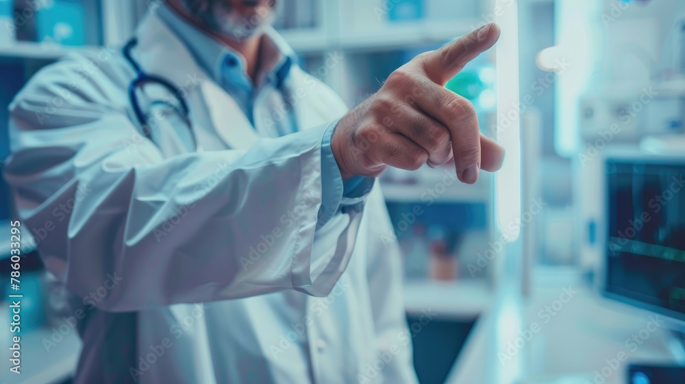 A man in an office wearing a white coat is directed by the physician to point his finger A man in an office wearing a white coat is directed by the physician to point his finger