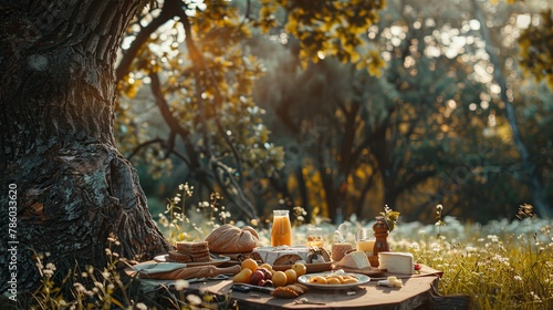A traditional countryside picnic under a massive oak tree with a spread of fresh fruits local cheese and a rustic loaf of bread banner