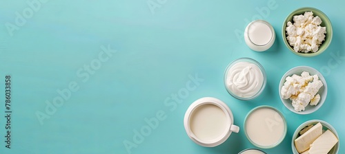 banner Different dairy items milk cheese cottage and sour cream, space for text photo