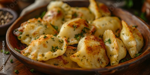 Delicious pierogies served in a rustic clay bowl with melted cheese and herbs, a traditional Eastern European dish photo