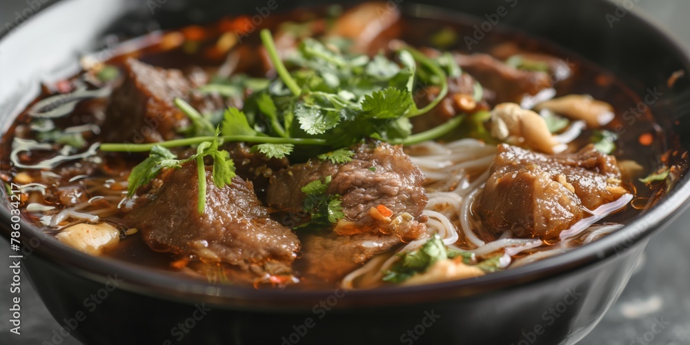 Savory and spicy beef noodle soup with herbs, an Asian cuisine specialty served in a stylish black bowl Savory and spicy beef noodle soup with herbs, an Asian cuisine specialty served in a stylish black bowl