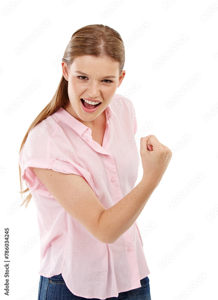 Success, portrait and woman or winner for competition, sale or shopping deal with mockup space isolated on white background. Victory, gen z girl or hands to show fist, happy and in studio backdrop Success, portrait and woman or winner for competition, sale or shopping deal with mockup space isolated on white background. Victory, gen z girl or hands to show fist, happy and in studio backdrop