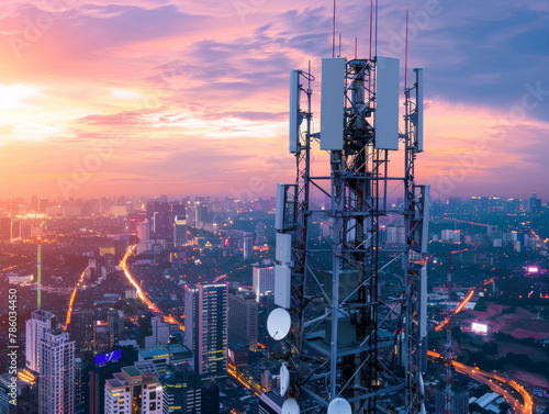 5G global network technology communication antenna tower for wireless high speed internet. Future proof fastest internet technology is LTE aerial network connection - ai
