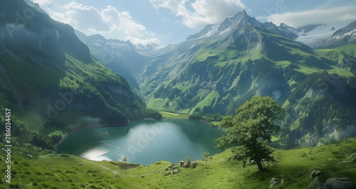 Tranquil Mountain Lake and Summer Greens 