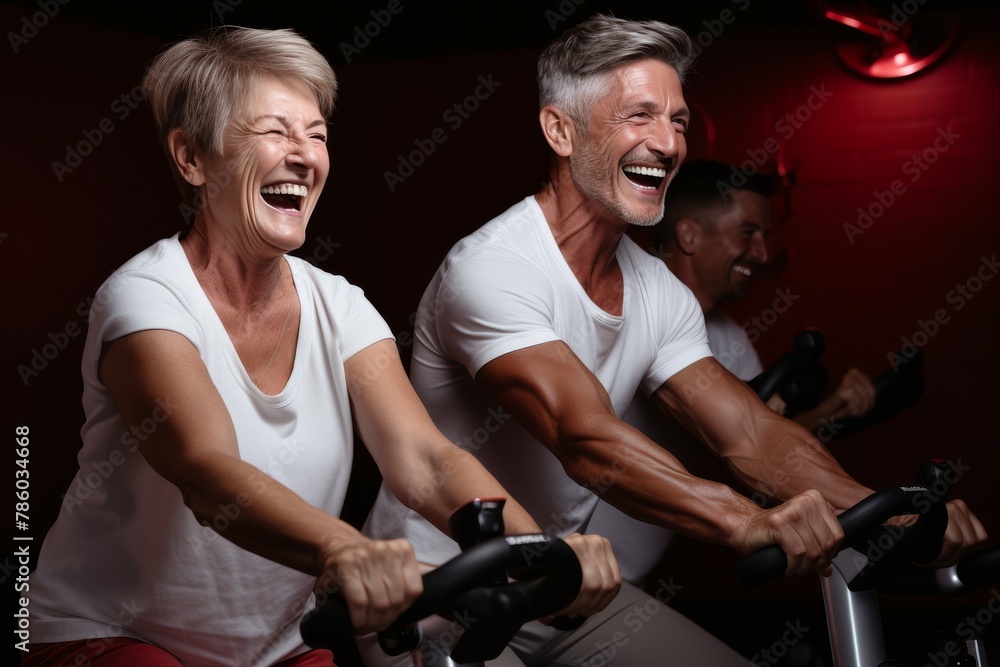 A woman and a man are smiling and riding a stationary bike together
