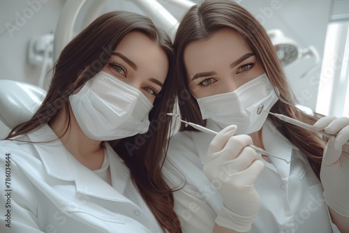 Two women wearing white lab coats and masks holding dental instruments