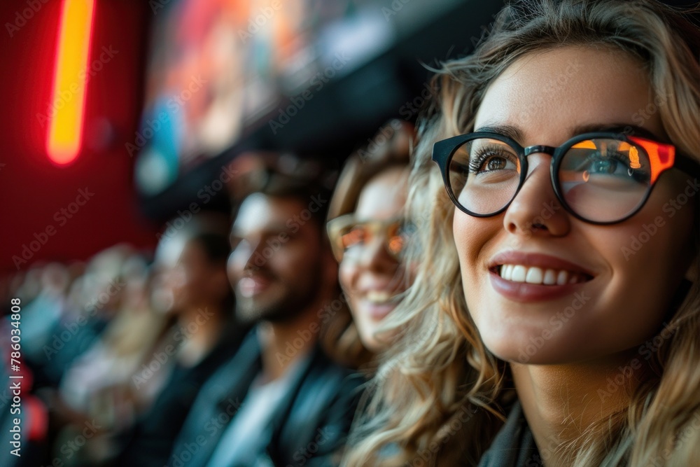 A row of individuals sitting closely together, all wearing glasses. They are varied in appearance and focused on an unknown activity in front of them A row of individuals sitting closely together, all wearing glasses. They are varied in appearance and focused on an unknown activity in front of them