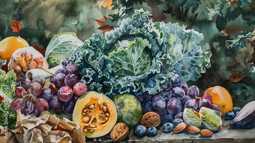 Watercolor painting that depicts the beauty and importance of calcium rich foods like kale, dairy, and almonds in promoting strong photo