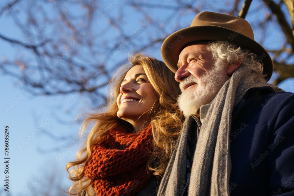 Fototapeta premium A couple wearing winter gear and smiling at the camera