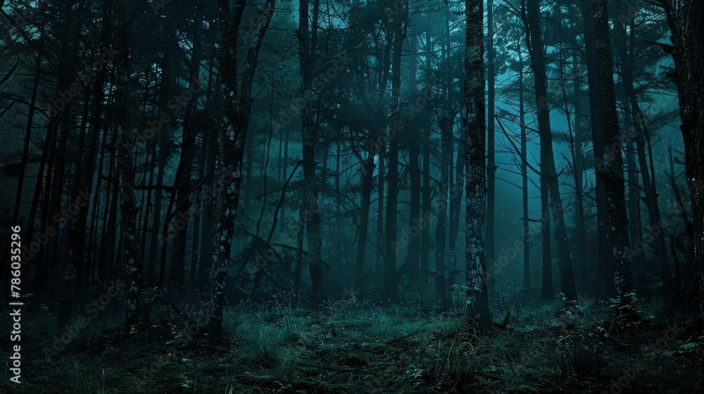 a haunting panoramic view of a dense, eerie forest at night, blending horror thrills with an environmental conservation message