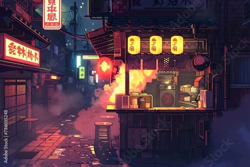 Combine the precision of vector art with the chaotic charm of an alleyway ramen bar scene Highlight the steam and neon lights photo