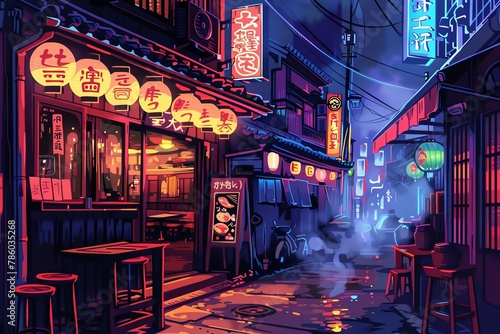 The precision of art with the chaotic charm of an alleyway ramen bar scene Highlight the steam and neon lights, embracing the clash of traditional and modern culinary experiences photo