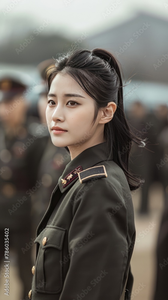 Confident Young Female Officer in White Military Uniform