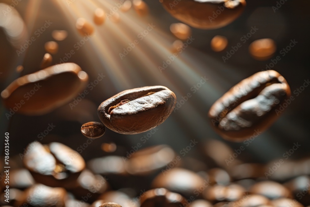 A close up of coffee beans, with some of them falling from the sky A close up of coffee beans, with some of them falling from the sky