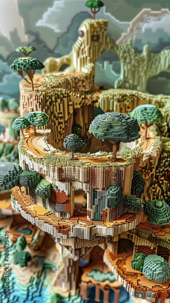 Fototapeta premium Combine pixel art with clay sculpture to depict a futuristic landscape influenced by psychological concepts Experiment with unexpected camera angles, emphasizing a birds-eye view