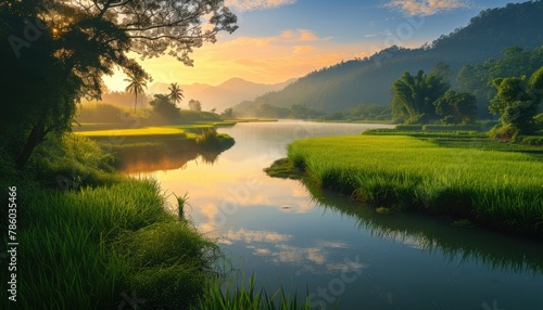 A serene evening with rice paddies, a flowing river, towering mountains, and the glow of sunset 🌅🏞️✨ Nature's beauty in the peaceful stillness of dusk. #EveningHarmony