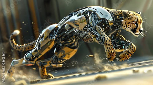 Cybernetic Biomimicry through a high-angle view of a futuristic robotic cheetah, capturing its sleek metallic body and lightning-fast movements Incorporate intricate details of its bio-inspire