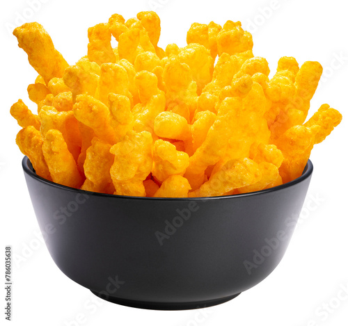 Puffed corn snacks cheesy in bowl isolated on white background, Puff corn or Corn puffs cheese flavor on white PNG File.