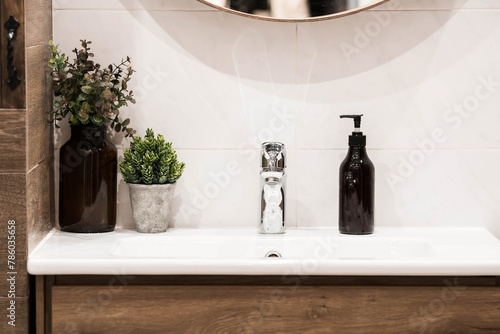 Modern bathroom interior with washbasin and faucet. Panoramic view of a soap dispenser in a bottle and green plants near a metal faucet. Decor, bathroom details.