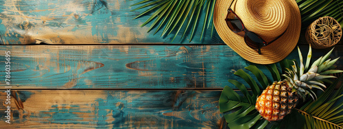 vacation concept, glasses hat pineapple on wooden background