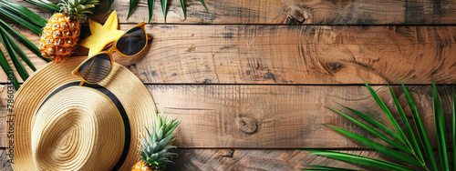 vacation concept, glasses hat pineapple on wooden background