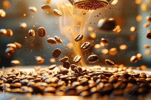 A coffee grinder is spewing out coffee beans photo