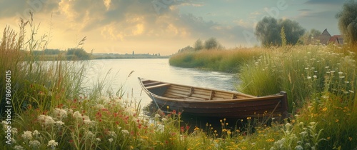 A wooden boat by the riverbank, surrounded by lush green grass 🚣‍♂️🌿✨ Tranquil waterside charm captured in a peaceful moment of serenity. #RiversideTranquility photo