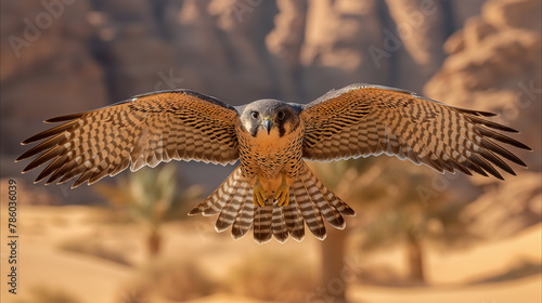 A majestic falcon in action flying towards the lens of the camera © Panyamethi