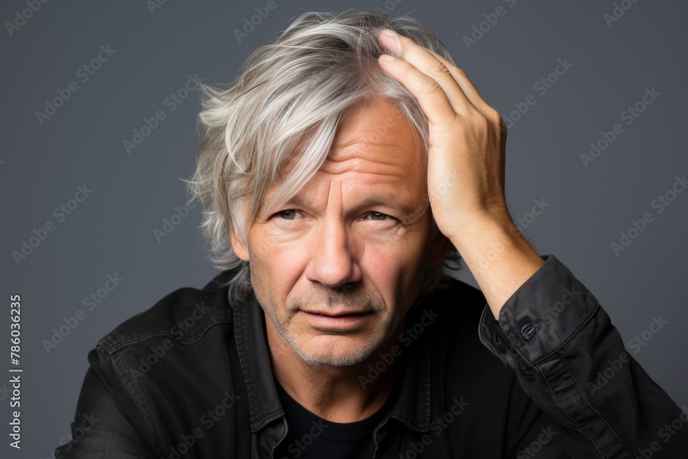 A man with a balding head is sitting with his hand on his head A man with a balding head is sitting with his hand on his head