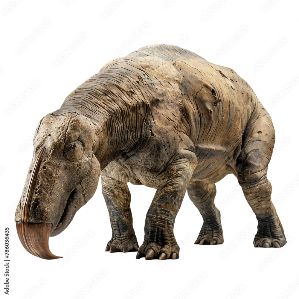 Fototapeta premium Uintatherium on transparent background. Ice age megafauna and extinct animals concept. Digital illustration for children, school, study, aid, elements for design